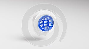 World Web Wide Globe Blue Glass Icon Button on Circle App Symbol 3D Render