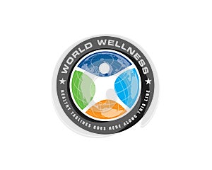 World wellness emblem logo with human figure dividing globe to four parts