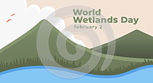 World Wetlands Day. Flat design illustration of earth, green plants and clouds