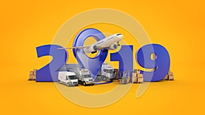 World wide cargo transport concept. 2019 New Year sign. 3d rendering.