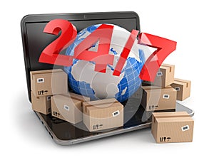 World wide delivering. Earth and boxes on laptop. 24/7