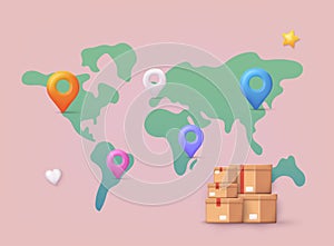 World Wide Delivery. Map with delivery tracking. GPS navigator pointer. 3D Web Vector Illustrations