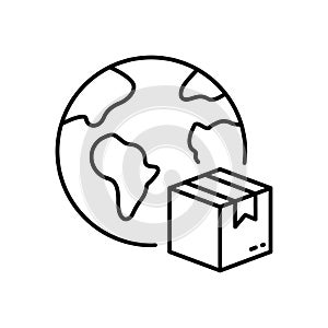 World Wide Delivery Parcel Box and Globe Line Icon. International Shipping Industry Linear Pictogram. Global Worldwide