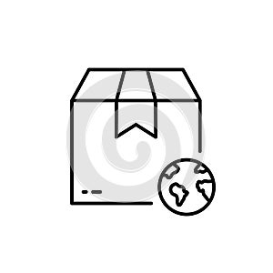 World Wide Delivery Parcel Box and Globe Line Icon. International Shipping Industry Linear Pictogram. Global Worldwide