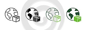 World Wide Delivery Parcel Box and Globe Silhouette and Line Icon. International Shipping Industry Pictogram. Global