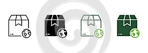 World Wide Delivery Parcel Box and Globe Silhouette and Line Icon. International Shipping Industry Pictogram. Global