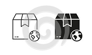 World Wide Delivery, Parcel Box and Globe Silhouette and Line Icon Set. International Shipping Industry Pictogram