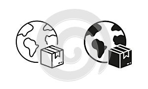 World Wide Delivery Parcel Box and Globe Silhouette and Line Icon Set. International Shipping Industry Pictogram. Global