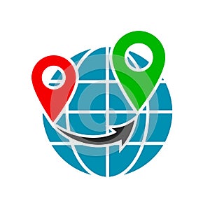 World wide logistics icon. Geolocation globe pin pointer GPS sign