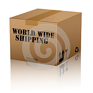 World wide shipping text over cardboard box isolated.