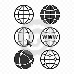 World wide web concept globe icon set. Planet web symbol set. Globe icons