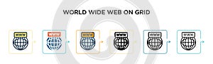 World wide web on grid vector icon in 6 different modern styles. Black, two colored world wide web on grid icons designed in