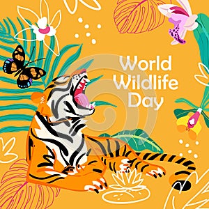 World Wildlife Day card with tiger and butterfly with jungle leaf and orchid. Orange background. Tropic wildlife. Flat style