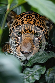 world wildlife day. leopard looking through jungle leaves . ai generated