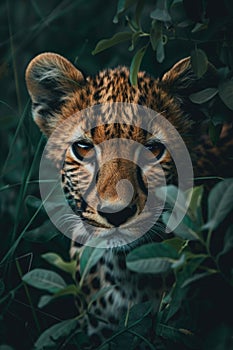 world wildlife day. leopard looking through jungle leaves . ai generated