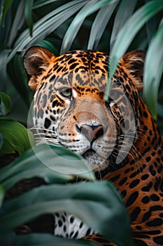 world wildlife day. leopard looking through jungle leaves . ai generated