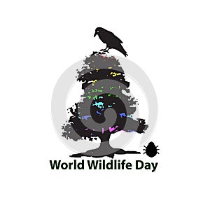 World Wildlife Day. March 3. The black silhouette of tree. Raven, the beetle. Vector illustration