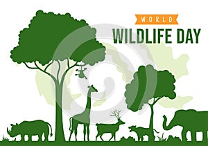 World Wildlife Day on March 3rd to Raise Animal Awareness, Plant and Preserve Their Habitat in Forest in Flat Cartoon Illustration