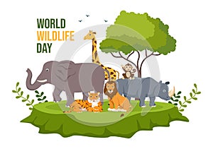 World Wildlife Day on March 3rd to Raise Animal Awareness, Plant and Preserve Their Habitat in Forest in Flat Cartoon Illustration