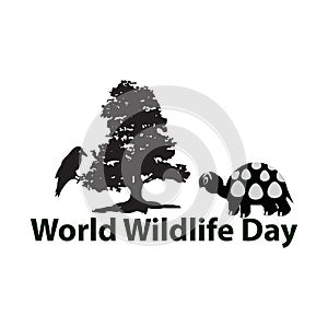 World Wildlife Day. March 3. The black silhouette of tree. Crow, Turtle. Vector illustration