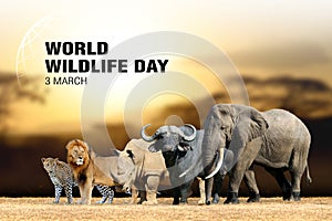 World Wildlife Day. Text  on big five background