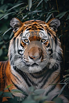 world wildlife day. tiger looking through jungle leaves . ai generated