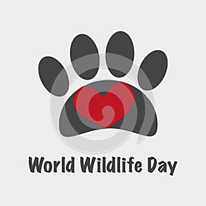 World wildlife day vector card banner with animal track and heart