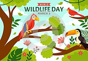 World Wildlife Day Vector Illustration on March 3 with Various a Animals to Protection Animal and Preserve Their Habitat in Forest