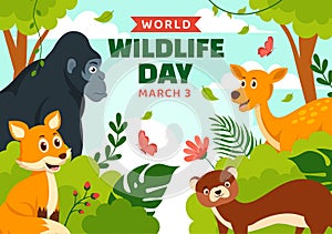 World Wildlife Day Vector Illustration on March 3 with Various a Animals to Protection Animal and Preserve Their Habitat in Forest