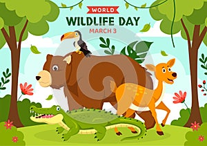 World Wildlife Day Vector Illustration on March 3 with Various a Animals to Protection Animal and Preserve Their Habitat in Forest