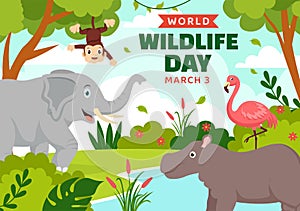World Wildlife Day Vector Illustration on March 3 with Various a Animals to Protection Animal and Preserve Their Habitat in Forest