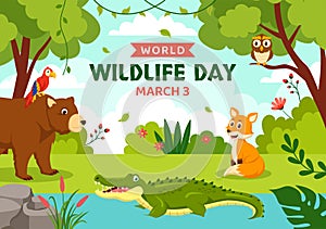 World Wildlife Day Vector Illustration on March 3 with Various a Animals to Protection Animal and Preserve Their Habitat in Forest