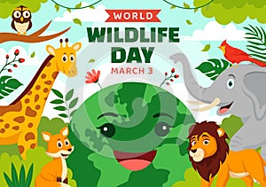 World Wildlife Day Vector Illustration on March 3 with Various a Animals to Protection Animal and Preserve Their Habitat in Forest