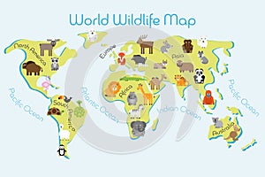 World Wildlife Map - continents with typical fauna. Funny cartoon animals. Children carpet or poster. Vector