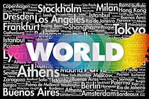 WORLD word cloud concept made with words cities names