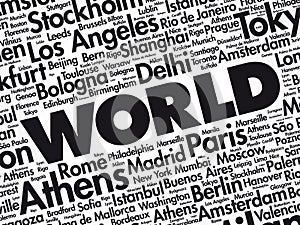 WORLD word cloud concept made with words cities names