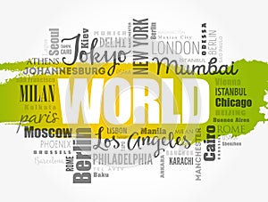 WORLD word cloud concept made with words cities names
