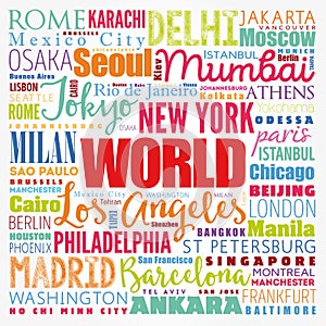 WORLD word cloud concept made with words cities names, business concept background