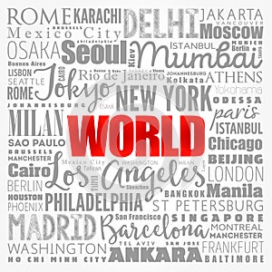 WORLD word cloud concept made with words cities names, business concept background