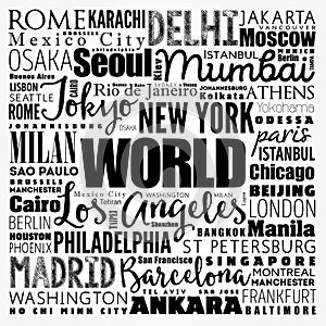 WORLD word cloud concept made with words cities names, business concept background