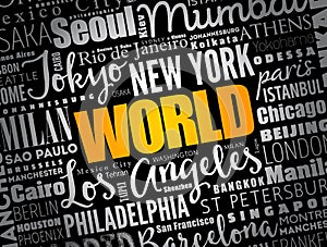 WORLD word cloud concept made with words cities names, business concept background