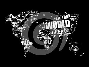 WORLD word cloud in shape of world map, concept made with words cities names, business concept background