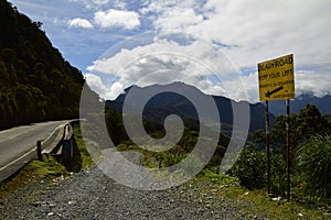 The sign for the exit to Death road, Camino de la Muerte, Yungas North Road between La Paz and Coroico, Bolivia photo