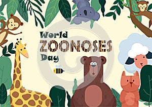 World Zoonoses Day, animals in the jungle, poster illustration vector