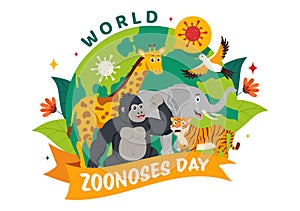 World Zoonoses Day Vector Illustration on 6 July with Various Animals and Plant which is in the Forest to Protect in Flat Cartoon