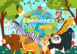 World Zoonoses Day Vector Illustration on 6 July with Various Animals and Plant which is in the Forest to Protect in Flat Cartoon