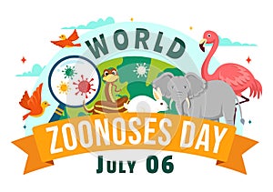 World Zoonoses Day Vector Illustration on 6 July with Various Animals and Plant which is in the Forest to Protect in Flat Cartoon