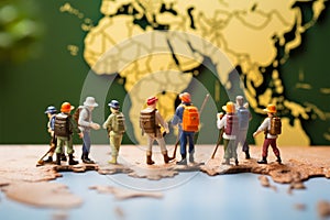 Worldly exploration Miniature figures walking on a map, travel concept