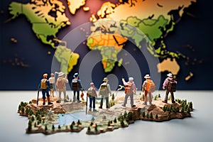 Worldly exploration Miniature figures walking on a map, travel concept