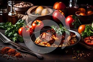 Worldly Feast: Close-Up Food Photography of Meat and Veg Delights on Tabletop